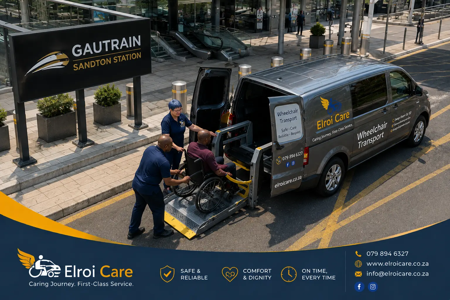 Wheelchair passenger boarding via the hydraulic lift at a Gautrain station
