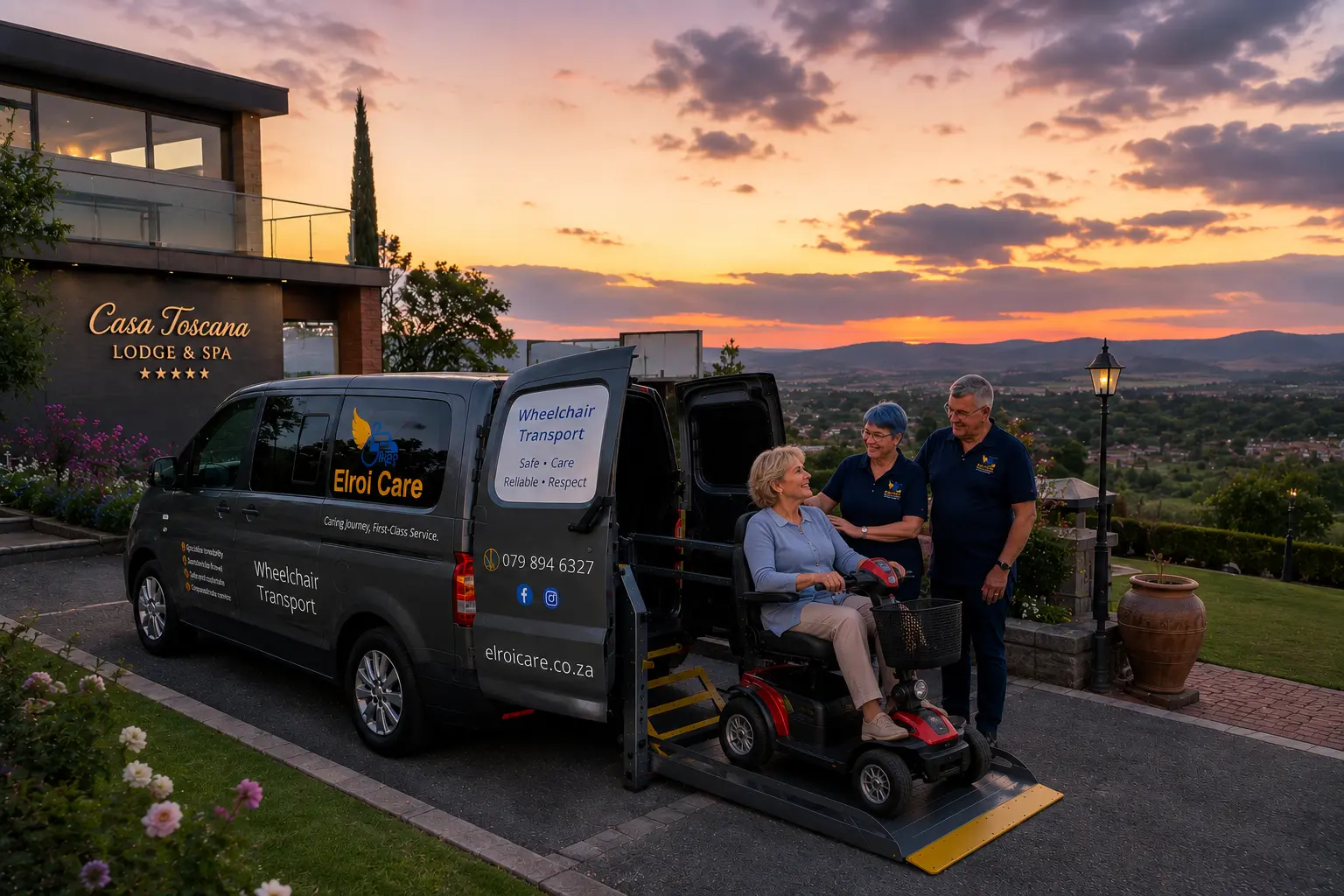 Elroi Care assisting a passenger on a mobility scooter onto the vehicle