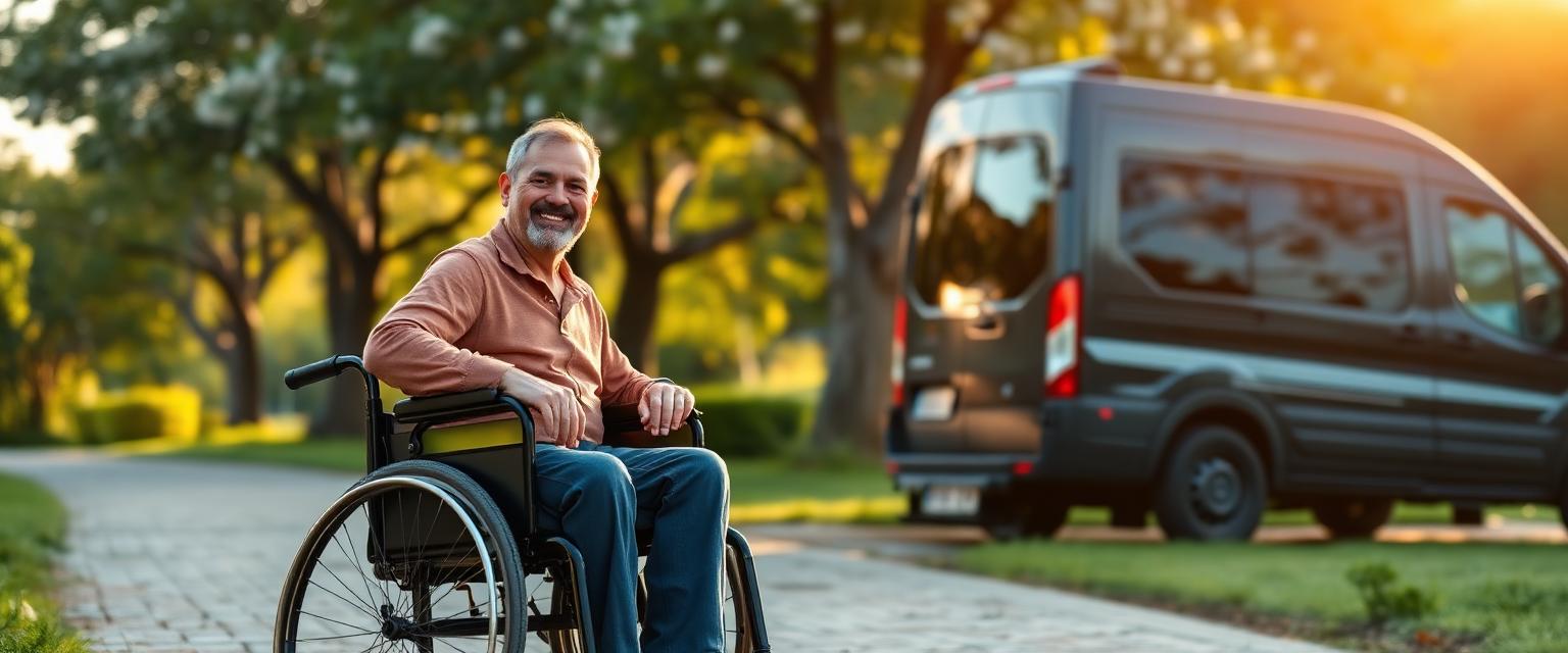 A wheelchair user enjoying a Gauteng park with an Elroi Care accessible vehicle waiting nearby
